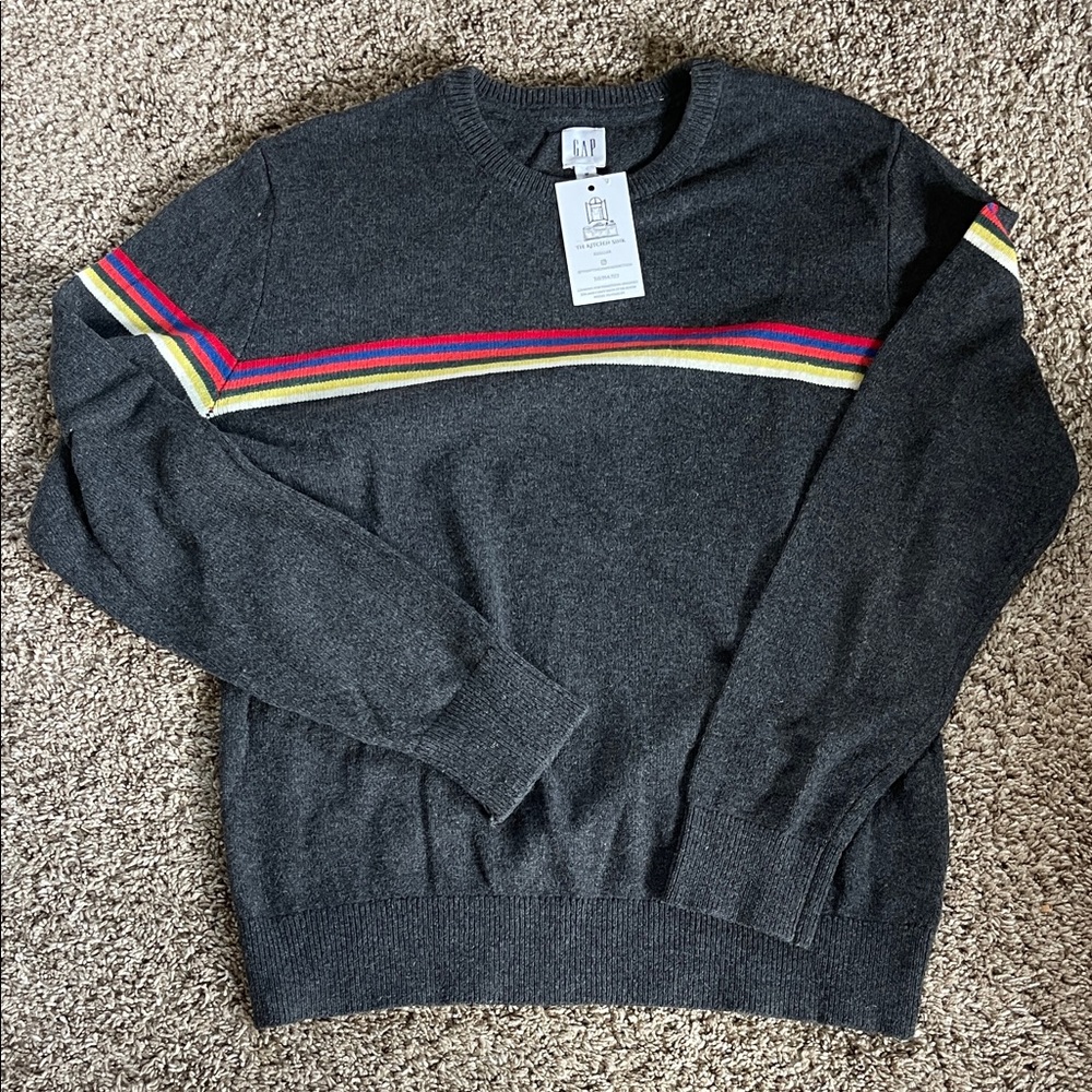 GAP Men's Dark Gray Sweater with Colorful Stripes Wool Blend | Size Medium